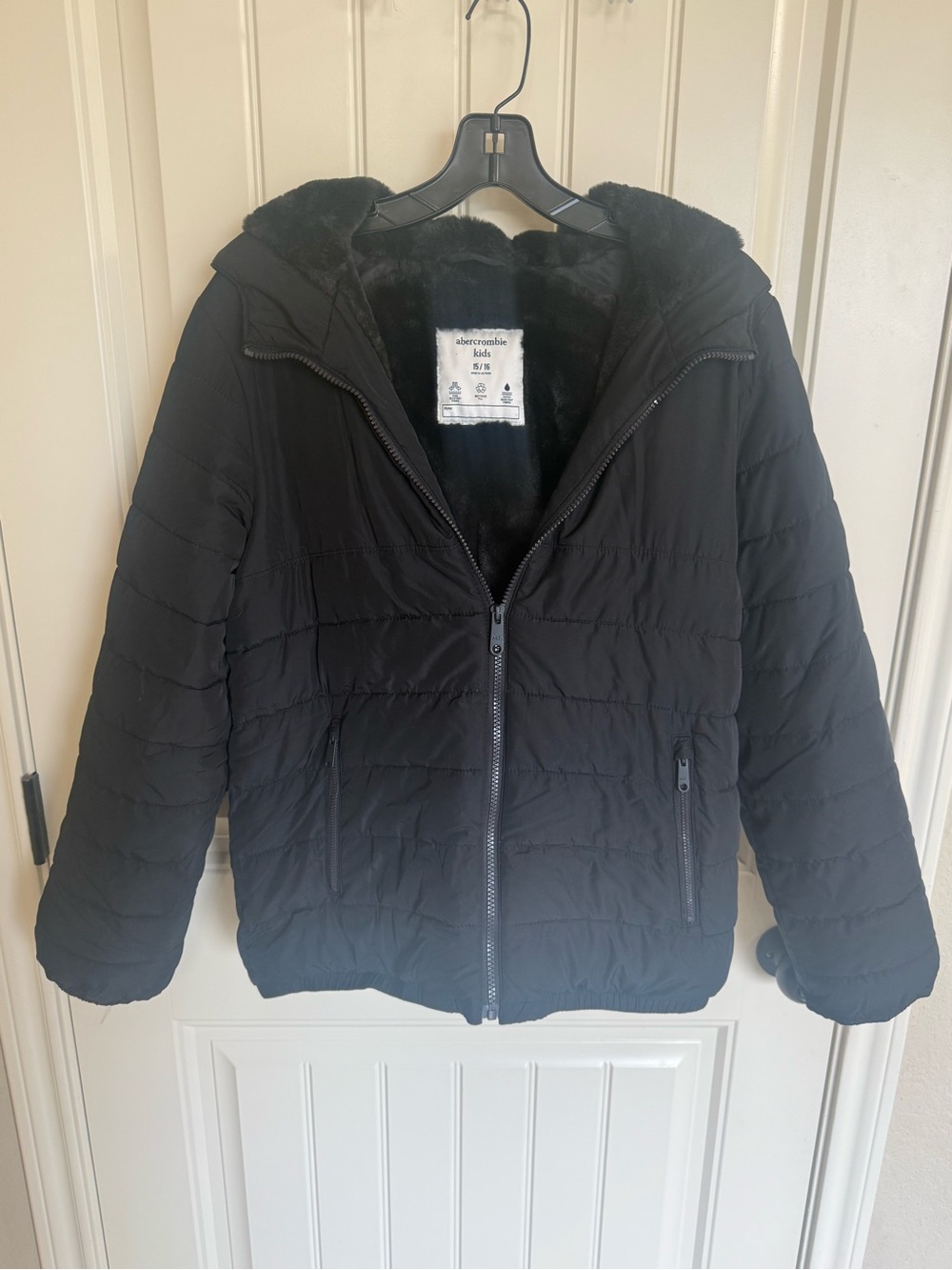 abercrombie kids Black Hooded Puffer with Faux-Fur Lining